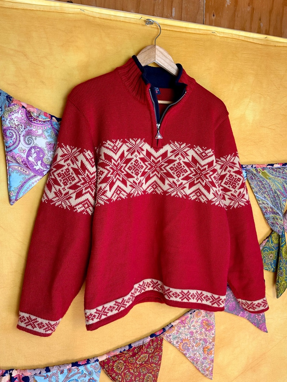 Vintage Nordic Half-Zip Sweater with Ivory Snowflake Pattern Mens